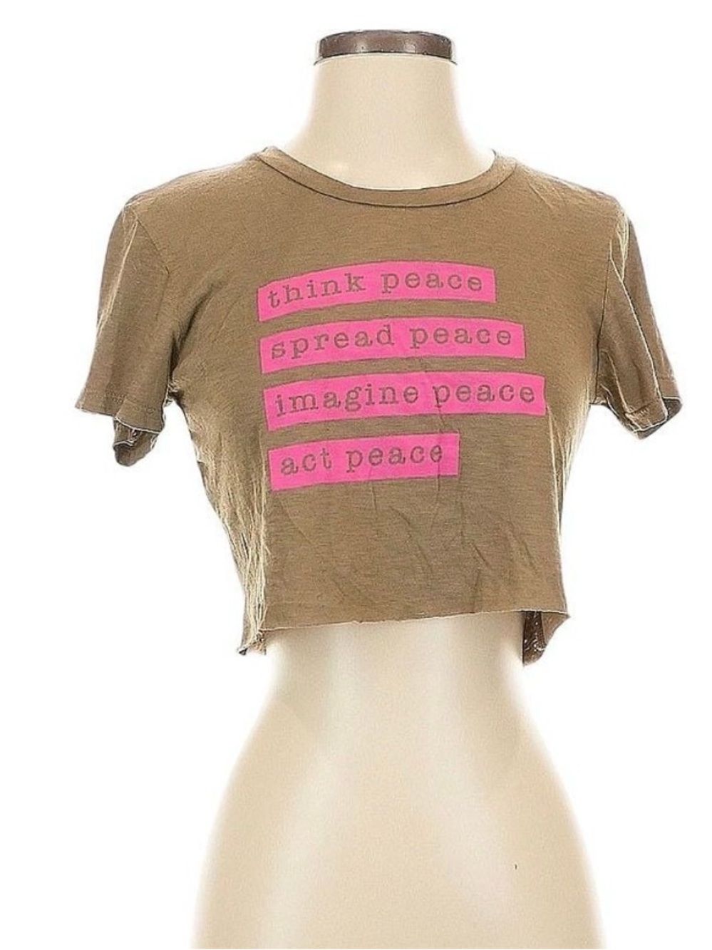 NWOT Sundry Olive-Brown Cropped Tee with Pink Peace Stripes